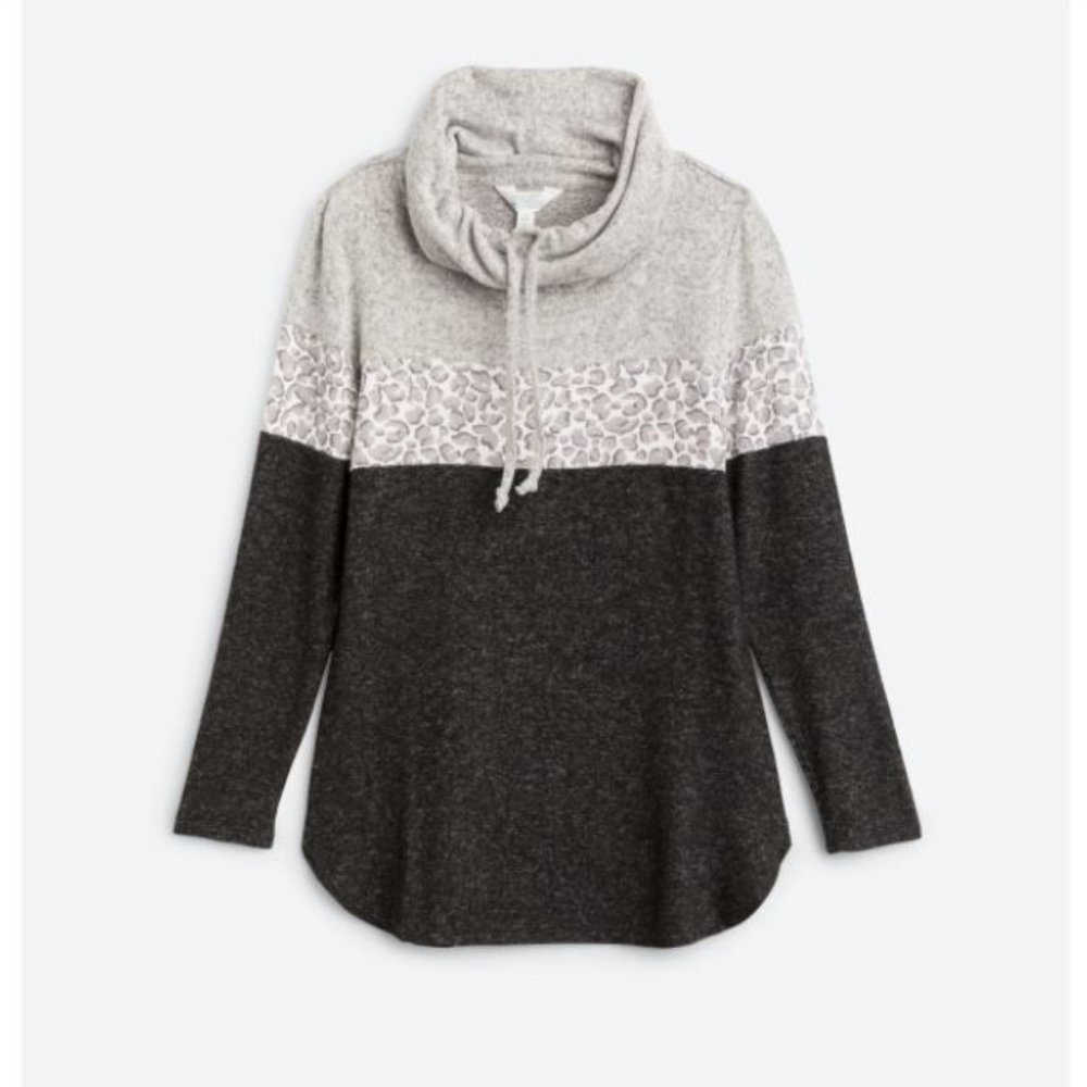 NWT Market & Spruce 'Cameron' Cowl Neck Brushed Knit Sweater.  Gray/Leopard, Sm